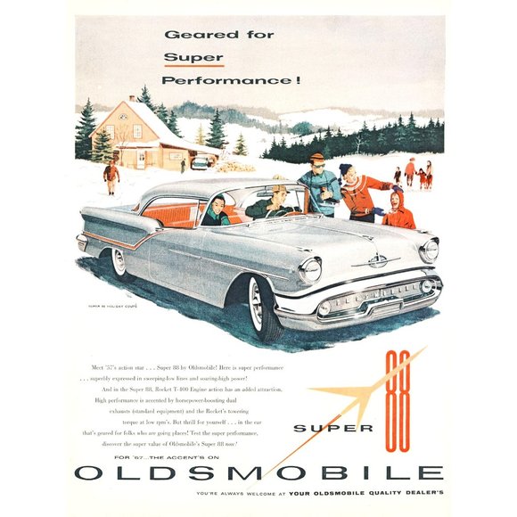 1957 Oldsmobile Super 88 Holiday Coupe Silver Vintage Print Ad Winter Snow Cabin - Picture 1 of 1